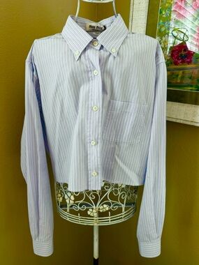 Miu Miu Striped Light Blue Cropped Button-Up Shirt with Miu Miu logo Embroidery